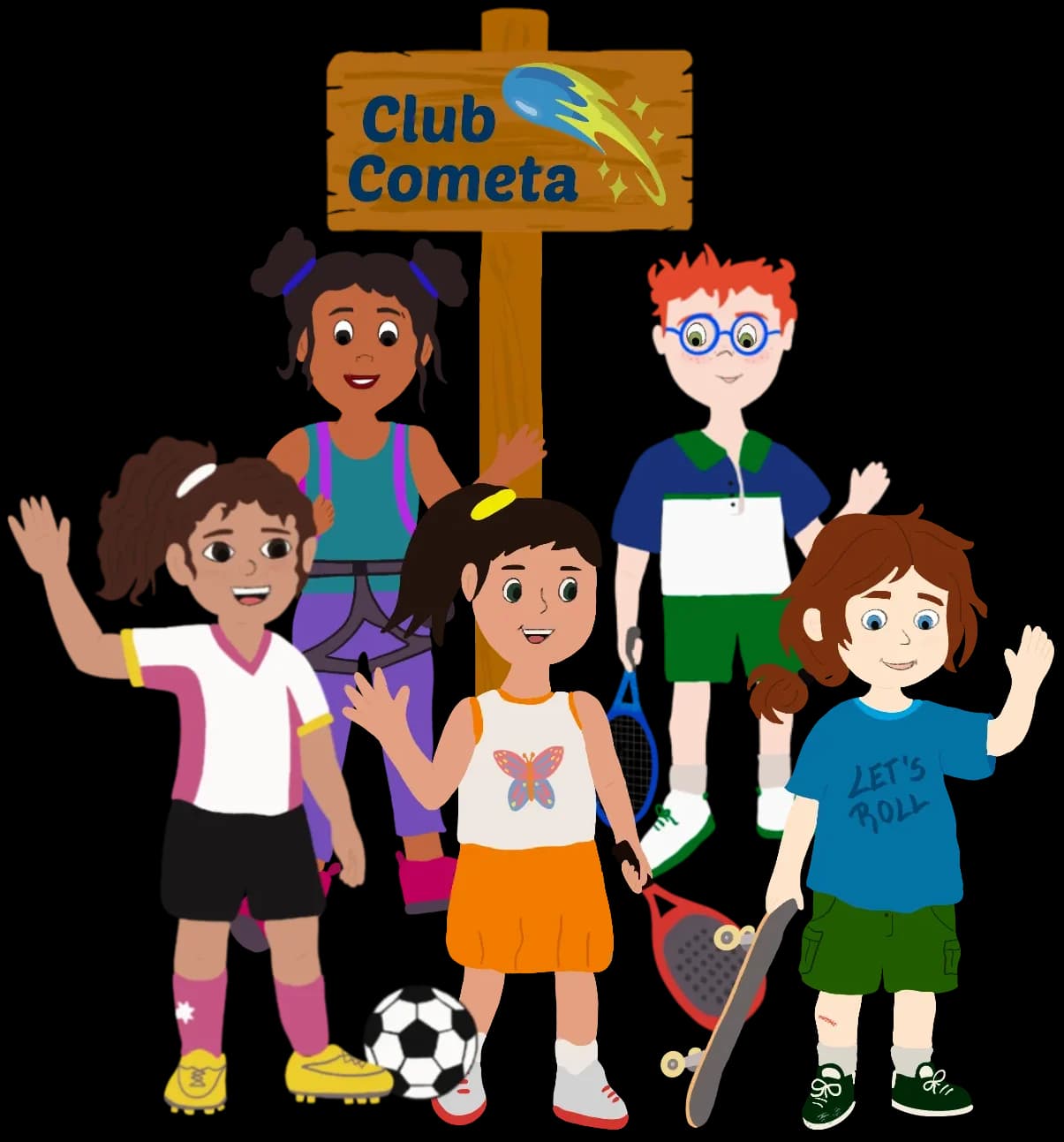 Personajes del Club Cometa: niños practicando fútbol, pádel, tenis y skate